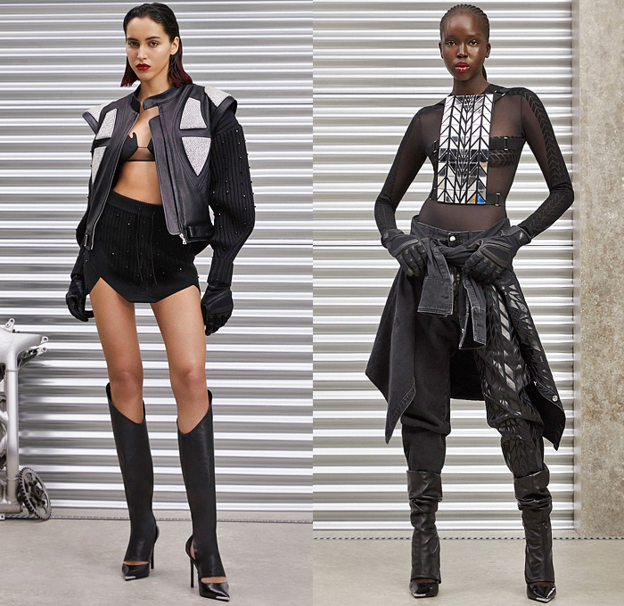 David Koma 2022 Pre-Fall Autumn Womens Lookbook Presentation - Tire Tracks Glass Mirrors Tiles Bedazzled Sequins Crystals Strapless Gloves Gown Asymmetrical Hem Tights Flames Bandeau Leather Draped Fringes Trims Motorcycle Biker Motocross Moto MX Jacket Gradient Miniskirt Alligator Crocodile Mockneck Silk Satin Cinch Cutout Halterneck Noodle Strap Feathers Swimsuit Unitard Catsuit Playsuit Knit Crop Top Midriff Bralette Harness Sheer Tulle Denim Jeans Vest Bandage Dress Helmet Boots