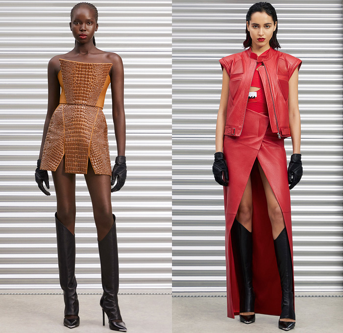 David Koma 2022 Pre-Fall Autumn Womens Lookbook Presentation - Tire Tracks Glass Mirrors Tiles Bedazzled Sequins Crystals Strapless Gloves Gown Asymmetrical Hem Tights Flames Bandeau Leather Draped Fringes Trims Motorcycle Biker Motocross Moto MX Jacket Gradient Miniskirt Alligator Crocodile Mockneck Silk Satin Cinch Cutout Halterneck Noodle Strap Feathers Swimsuit Unitard Catsuit Playsuit Knit Crop Top Midriff Bralette Harness Sheer Tulle Denim Jeans Vest Bandage Dress Helmet Boots