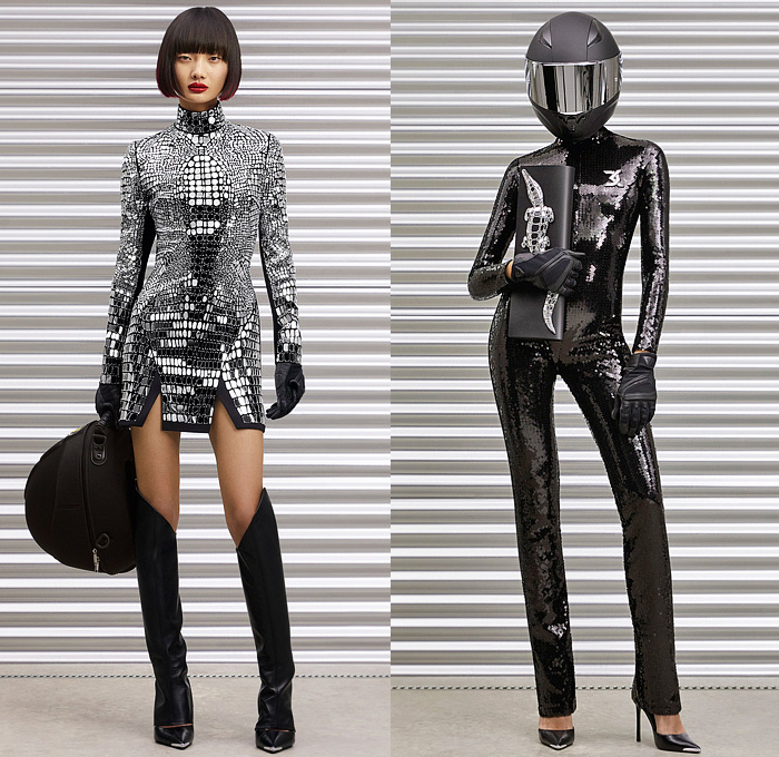 David Koma 2022 Pre-Fall Autumn Womens Lookbook Presentation - Tire Tracks Glass Mirrors Tiles Bedazzled Sequins Crystals Strapless Gloves Gown Asymmetrical Hem Tights Flames Bandeau Leather Draped Fringes Trims Motorcycle Biker Motocross Moto MX Jacket Gradient Miniskirt Alligator Crocodile Mockneck Silk Satin Cinch Cutout Halterneck Noodle Strap Feathers Swimsuit Unitard Catsuit Playsuit Knit Crop Top Midriff Bralette Harness Sheer Tulle Denim Jeans Vest Bandage Dress Helmet Boots