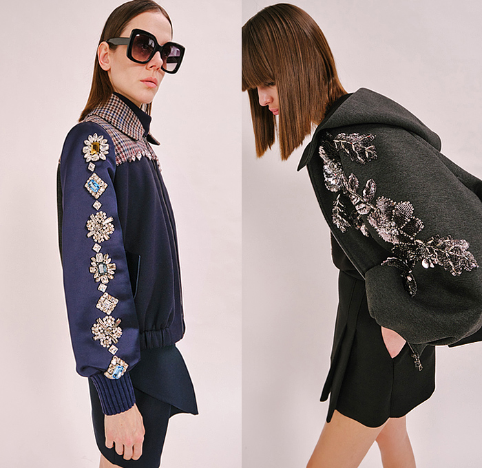 Dice Kayek 2022-2023 Fall Autumn Winter Womens Lookbook Presentation - Paris Fashion Week Femme PFW - Patchwork Houndstooth Bedazzled Adorned Embroidery Gemstones Jewels Crystals Beads Sequins Plates Knit Sweatshirt Hoodie Blouse Coat Pockets Onesie Shirtdress Alligator Crocodile Wide Sleeves Cap Sleeve Fringes Buttons Drawstring Capelet Poufy Shoulders Puff Sleeves Dress Voluminous Ruffles Jacketdress Peplum Sheer Ribbons Strapless Wide Leg Miniskirt Gloves