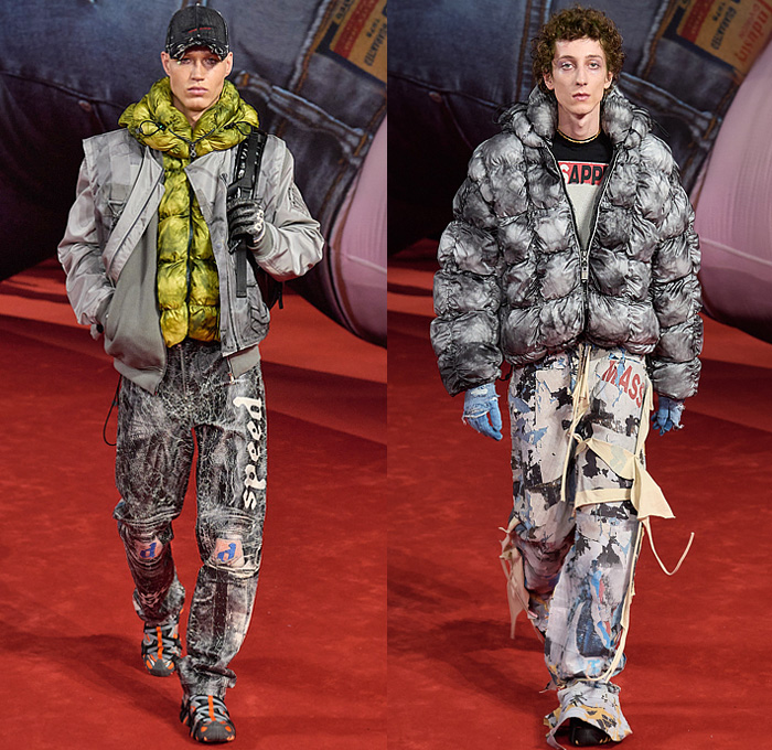 Diesel 2022-2023 Fall Autumn Winter Mens Runway Looks - Milano Moda Donna Collezione Milan Fashion Week Italy - Giant Inflatable Hyperreal Blow Up Sculptures Destroyed Destructed Deconstructed Unfinished Faded Coated Waxed Denim Jeans Peel Off Scrunchies Sweater Outerwear Jacket Coat Fur Shearling Parka Lace Up Print Quilted Puffer Hoodie Cracked Leather Corduroy Grunge Burnt Embossed Logo Fanny Pack Belt Bag Pouch Backpack Gloves Sneakers Cap