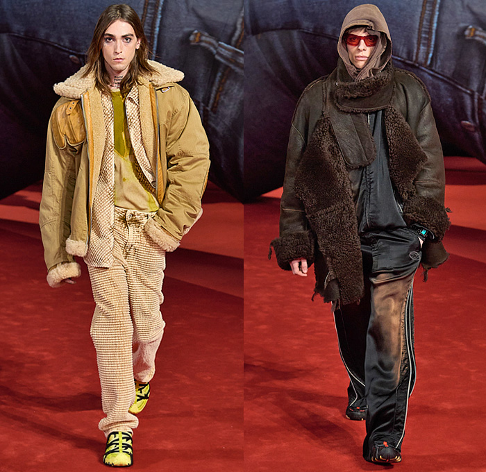 Diesel 2022-2023 Fall Autumn Winter Mens Runway Looks - Milano Moda Donna Collezione Milan Fashion Week Italy - Giant Inflatable Hyperreal Blow Up Sculptures Destroyed Destructed Deconstructed Unfinished Faded Coated Waxed Denim Jeans Peel Off Scrunchies Sweater Outerwear Jacket Coat Fur Shearling Parka Lace Up Print Quilted Puffer Hoodie Cracked Leather Corduroy Grunge Burnt Embossed Logo Fanny Pack Belt Bag Pouch Backpack Gloves Sneakers Cap