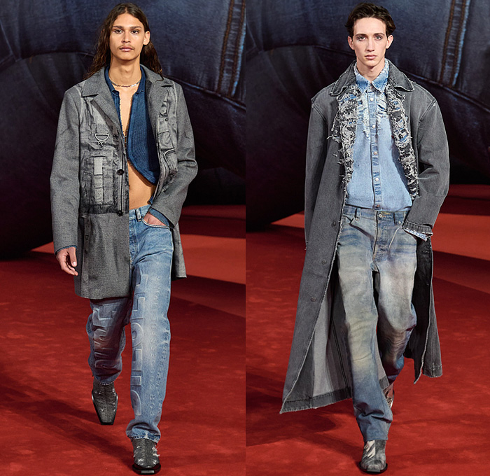 Diesel 2022-2023 Fall Autumn Winter Mens Runway Looks - Milano Moda Donna Collezione Milan Fashion Week Italy - Giant Inflatable Hyperreal Blow Up Sculptures Destroyed Destructed Deconstructed Unfinished Faded Coated Waxed Denim Jeans Peel Off Scrunchies Sweater Outerwear Jacket Coat Fur Shearling Parka Lace Up Print Quilted Puffer Hoodie Cracked Leather Corduroy Grunge Burnt Embossed Logo Fanny Pack Belt Bag Pouch Backpack Gloves Sneakers Cap