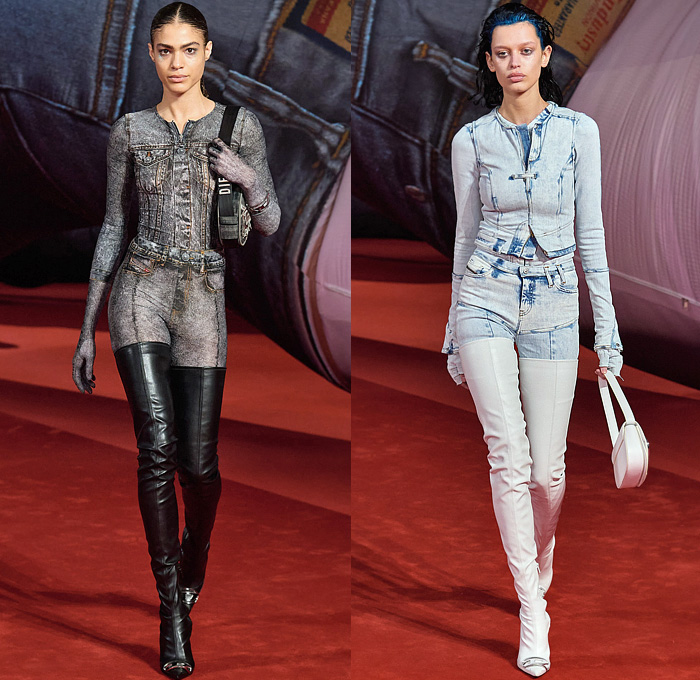 Diesel 2022-2023 Fall Autumn Winter Womens Runway Looks - Milano Moda Donna Collezione Milan Fashion Week Italy - Giant Inflatable Hyperreal Blow Up Sculptures Destroyed Deconstructed Denim Jeans Peel Off Scrunchies Ruffles Sweater Turtleneck Mini Dress Bodycon Ribbed Logo Miniskirt Beltskirt Belts Straps Biker Motorcycle Pants Cargo Pockets Crop Top Midriff Bralette Quilted Puffer Coat  Blouse Laces Print Patchwork Zipper Metal Knit Halterneck Lace Handbag Gym Bag Boots