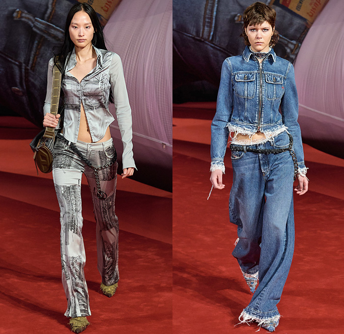 Diesel 2022-2023 Fall Autumn Winter Womens Runway Looks - Milano Moda Donna Collezione Milan Fashion Week Italy - Giant Inflatable Hyperreal Blow Up Sculptures Destroyed Deconstructed Denim Jeans Peel Off Scrunchies Ruffles Sweater Turtleneck Mini Dress Bodycon Ribbed Logo Miniskirt Beltskirt Belts Straps Biker Motorcycle Pants Cargo Pockets Crop Top Midriff Bralette Quilted Puffer Coat  Blouse Laces Print Patchwork Zipper Metal Knit Halterneck Lace Handbag Gym Bag Boots