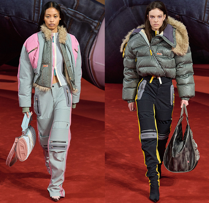 Diesel 2022-2023 Fall Autumn Winter Womens Runway Looks - Milano Moda Donna Collezione Milan Fashion Week Italy - Giant Inflatable Hyperreal Blow Up Sculptures Destroyed Deconstructed Denim Jeans Peel Off Scrunchies Ruffles Sweater Turtleneck Mini Dress Bodycon Ribbed Logo Miniskirt Beltskirt Belts Straps Biker Motorcycle Pants Cargo Pockets Crop Top Midriff Bralette Quilted Puffer Coat  Blouse Laces Print Patchwork Zipper Metal Knit Halterneck Lace Handbag Gym Bag Boots