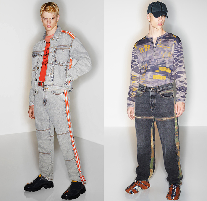 Diesel 2022 Pre-Fall Autumn Mens Lookbook Presentation - Glenn Martens - Swirls Arctic Glow Abstract Quilted Puffer Coat Parka Hoodie Sweatshirt Turtleneck Knit Sweater Trackwear Tuxedo Stripe Patchwork Camouflage Flare Wide Leg Motorcycle Biker Jacket Peel Off Destroyed Henley Shirt Vest Metal Silver Leather Tote Bag Satchel Sneakers Boots Hat Cap Gloves