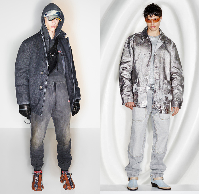 Diesel 2022 Pre-Fall Autumn Mens Lookbook Presentation - Glenn Martens - Swirls Arctic Glow Abstract Quilted Puffer Coat Parka Hoodie Sweatshirt Turtleneck Knit Sweater Trackwear Tuxedo Stripe Patchwork Camouflage Flare Wide Leg Motorcycle Biker Jacket Peel Off Destroyed Henley Shirt Vest Metal Silver Leather Tote Bag Satchel Sneakers Boots Hat Cap Gloves