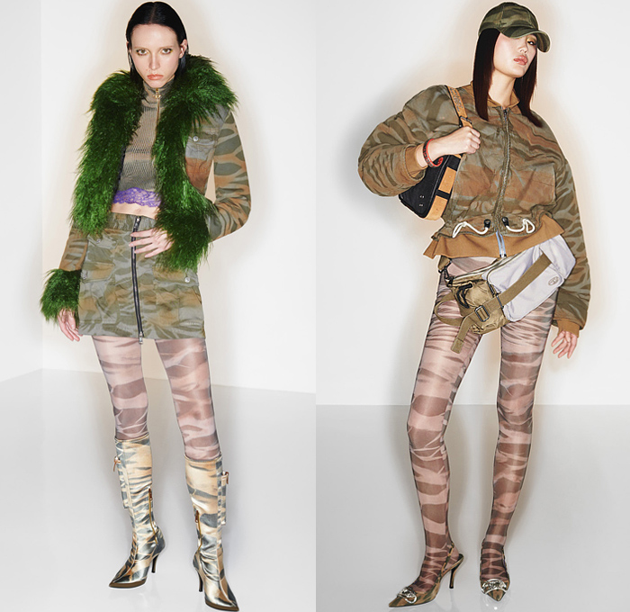 Diesel 2022 Pre-Fall Autumn Womens Lookbook Presentation - Glenn Martens - Swirls Arctic Glow Abstract Quilted Puffer Coat Parka Hoodie Crop Top Midriff Peel Off Metal Silver Camouflage Trackwear Motorcycle Biker Jacket Miniskirt Onesie Shirtdress Pockets Tights Leggings Patchwork Stripes Knit Cardigan Stirrup Pants Tuxedo Stripe Flare Fur Noodle Strap Dress Halterneck Camisole Micro Bag Handbag Fanny Pack Pouch Wrapped Boots