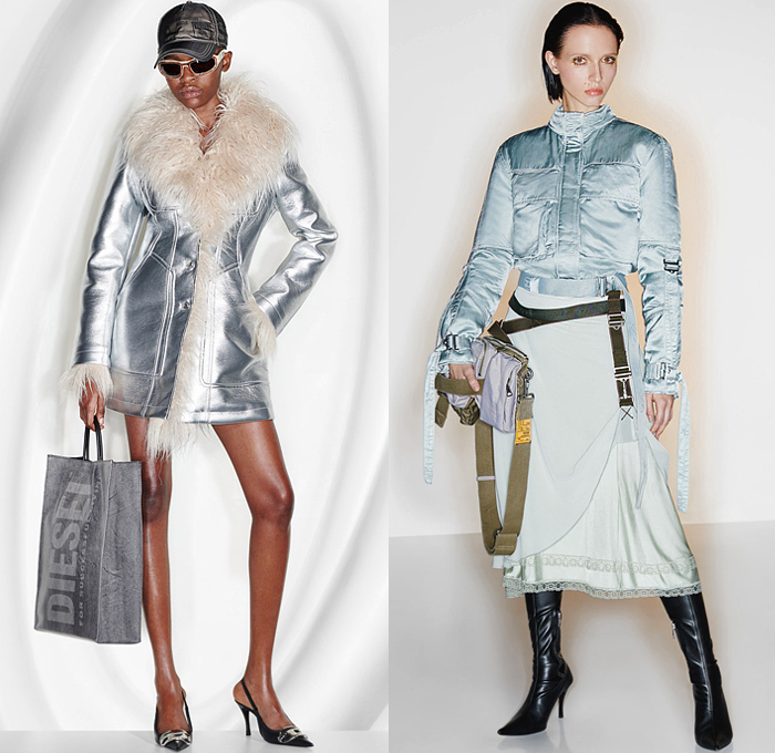 Diesel 2022 Pre-Fall Autumn Womens Lookbook Presentation - Glenn Martens - Swirls Arctic Glow Abstract Quilted Puffer Coat Parka Hoodie Crop Top Midriff Peel Off Metal Silver Camouflage Trackwear Motorcycle Biker Jacket Miniskirt Onesie Shirtdress Pockets Tights Leggings Patchwork Stripes Knit Cardigan Stirrup Pants Tuxedo Stripe Flare Fur Noodle Strap Dress Halterneck Camisole Micro Bag Handbag Fanny Pack Pouch Wrapped Boots