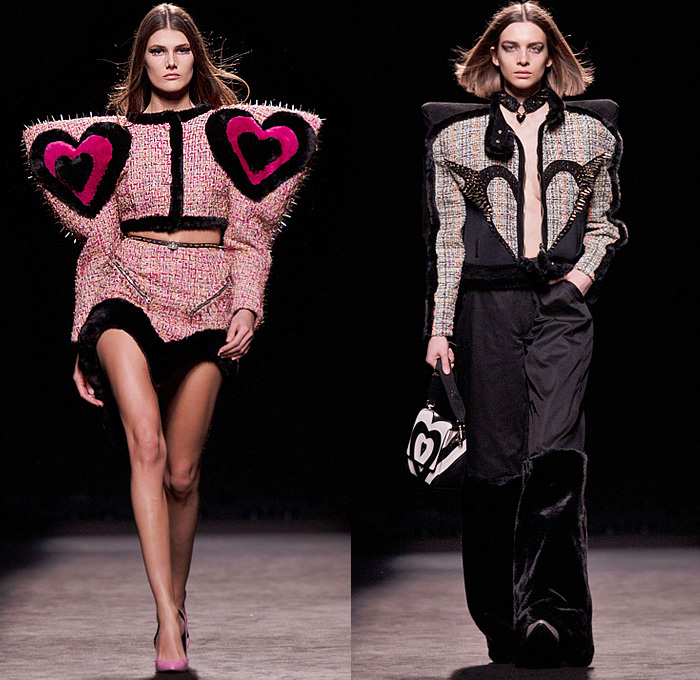 Dominnico 2022-2023 Fall Autumn Winter Womens Runway Looks - Mercedes-Benz Fashion Week Madrid MBFW - Lover Cross - Hearts Gown Cutout Lace Embroidery Plants LeavesSheer Mesh Frankenstein Shoulders Tweed Crop Top Midriff Fur Crystals Mesh Tank Top Trackwear Biker Pants Onesie Catsuit Unitard  Motorcycle Jacket Bicycle Shorts Bralette Flapper Fringes Coat Wide Leg Parachute Skirt Puff Ball Ski Mask Balaclava Choker Corset Bear Ears Hat Handbag Elevator Boots Metal Spikes Gloves