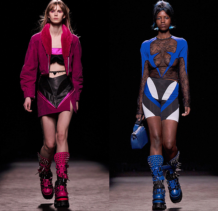 Dominnico 2022-2023 Fall Autumn Winter Womens Runway Looks - Mercedes-Benz Fashion Week Madrid MBFW - Lover Cross - Hearts Gown Cutout Lace Embroidery Plants LeavesSheer Mesh Frankenstein Shoulders Tweed Crop Top Midriff Fur Crystals Mesh Tank Top Trackwear Biker Pants Onesie Catsuit Unitard  Motorcycle Jacket Bicycle Shorts Bralette Flapper Fringes Coat Wide Leg Parachute Skirt Puff Ball Ski Mask Balaclava Choker Corset Bear Ears Hat Handbag Elevator Boots Metal Spikes Gloves