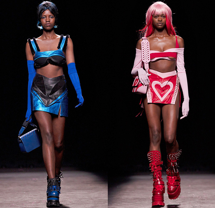 Dominnico 2022-2023 Fall Autumn Winter Womens Runway Looks - Mercedes-Benz Fashion Week Madrid MBFW - Lover Cross - Hearts Gown Cutout Lace Embroidery Plants LeavesSheer Mesh Frankenstein Shoulders Tweed Crop Top Midriff Fur Crystals Mesh Tank Top Trackwear Biker Pants Onesie Catsuit Unitard  Motorcycle Jacket Bicycle Shorts Bralette Flapper Fringes Coat Wide Leg Parachute Skirt Puff Ball Ski Mask Balaclava Choker Corset Bear Ears Hat Handbag Elevator Boots Metal Spikes Gloves