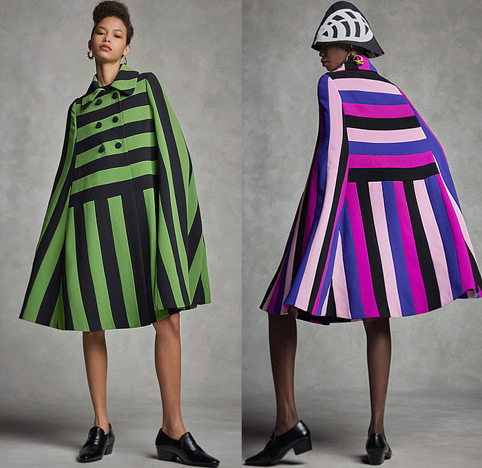 Duro Olowu 2022-2023 Fall Autumn Winter Womens Lookbook Presentation - London Fashion Week Collections UK – Outerwear Poncho Cloak Cape Coat Coatdress Stripes Leaves Foliage Fauna Fern Flowers Floral Colorblock Velvet Fur Shaggy Sheer Tulle Oversleeve Silk Satin Dress Cinch Drawstring Draped Patchwork Blouse Long Sleeve Check Grid Geometric Tribal Miniskirt Cropped Pants Wide Puff Sleeves Shirtdress Scarf Cone Pot Hat