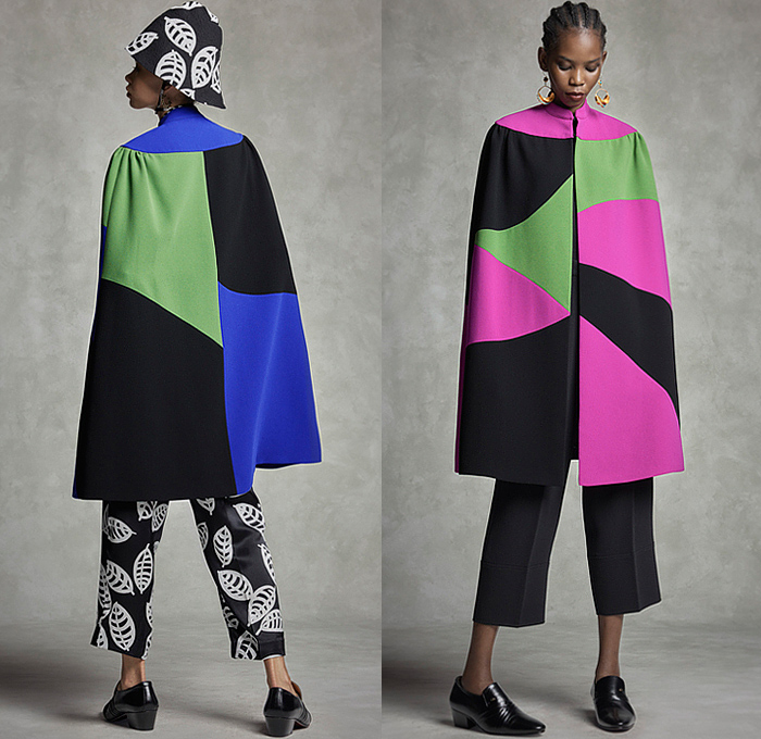 Duro Olowu 2022-2023 Fall Autumn Winter Womens Lookbook Presentation - London Fashion Week Collections UK – Outerwear Poncho Cloak Cape Coat Coatdress Stripes Leaves Foliage Fauna Fern Flowers Floral Colorblock Velvet Fur Shaggy Sheer Tulle Oversleeve Silk Satin Dress Cinch Drawstring Draped Patchwork Blouse Long Sleeve Check Grid Geometric Tribal Miniskirt Cropped Pants Wide Puff Sleeves Shirtdress Scarf Cone Pot Hat