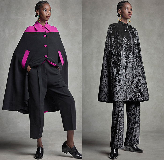 Duro Olowu 2022-2023 Fall Autumn Winter Womens Lookbook Presentation - London Fashion Week Collections UK – Outerwear Poncho Cloak Cape Coat Coatdress Stripes Leaves Foliage Fauna Fern Flowers Floral Colorblock Velvet Fur Shaggy Sheer Tulle Oversleeve Silk Satin Dress Cinch Drawstring Draped Patchwork Blouse Long Sleeve Check Grid Geometric Tribal Miniskirt Cropped Pants Wide Puff Sleeves Shirtdress Scarf Cone Pot Hat