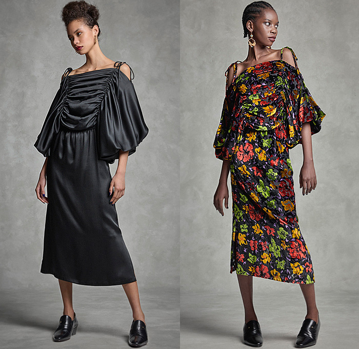 Duro Olowu 2022-2023 Fall Autumn Winter Womens Lookbook Presentation - London Fashion Week Collections UK – Outerwear Poncho Cloak Cape Coat Coatdress Stripes Leaves Foliage Fauna Fern Flowers Floral Colorblock Velvet Fur Shaggy Sheer Tulle Oversleeve Silk Satin Dress Cinch Drawstring Draped Patchwork Blouse Long Sleeve Check Grid Geometric Tribal Miniskirt Cropped Pants Wide Puff Sleeves Shirtdress Scarf Cone Pot Hat