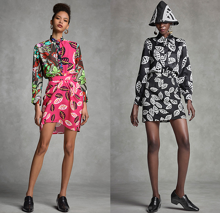 Duro Olowu 2022-2023 Fall Autumn Winter Womens Lookbook Presentation - London Fashion Week Collections UK – Outerwear Poncho Cloak Cape Coat Coatdress Stripes Leaves Foliage Fauna Fern Flowers Floral Colorblock Velvet Fur Shaggy Sheer Tulle Oversleeve Silk Satin Dress Cinch Drawstring Draped Patchwork Blouse Long Sleeve Check Grid Geometric Tribal Miniskirt Cropped Pants Wide Puff Sleeves Shirtdress Scarf Cone Pot Hat