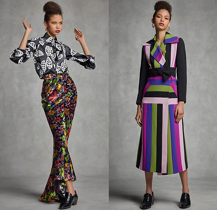 Duro Olowu 2022-2023 Fall Autumn Winter Womens Lookbook Presentation - London Fashion Week Collections UK – Outerwear Poncho Cloak Cape Coat Coatdress Stripes Leaves Foliage Fauna Fern Flowers Floral Colorblock Velvet Fur Shaggy Sheer Tulle Oversleeve Silk Satin Dress Cinch Drawstring Draped Patchwork Blouse Long Sleeve Check Grid Geometric Tribal Miniskirt Cropped Pants Wide Puff Sleeves Shirtdress Scarf Cone Pot Hat