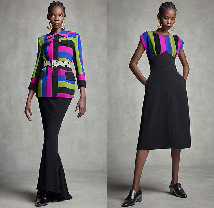 Duro Olowu 2022-2023 Fall Autumn Winter Womens Lookbook Presentation - London Fashion Week Collections UK – Outerwear Poncho Cloak Cape Coat Coatdress Stripes Leaves Foliage Fauna Fern Flowers Floral Colorblock Velvet Fur Shaggy Sheer Tulle Oversleeve Silk Satin Dress Cinch Drawstring Draped Patchwork Blouse Long Sleeve Check Grid Geometric Tribal Miniskirt Cropped Pants Wide Puff Sleeves Shirtdress Scarf Cone Pot Hat