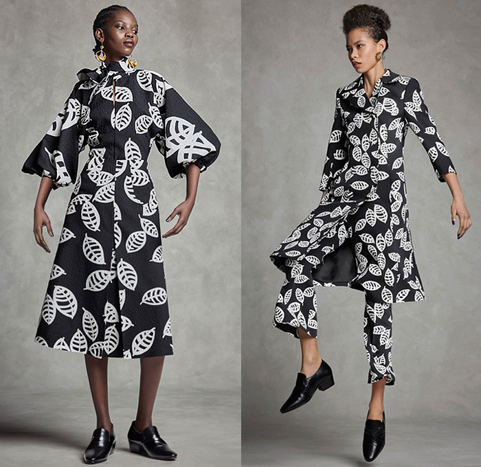 Duro Olowu 2022-2023 Fall Autumn Winter Womens Lookbook Presentation - London Fashion Week Collections UK – Outerwear Poncho Cloak Cape Coat Coatdress Stripes Leaves Foliage Fauna Fern Flowers Floral Colorblock Velvet Fur Shaggy Sheer Tulle Oversleeve Silk Satin Dress Cinch Drawstring Draped Patchwork Blouse Long Sleeve Check Grid Geometric Tribal Miniskirt Cropped Pants Wide Puff Sleeves Shirtdress Scarf Cone Pot Hat