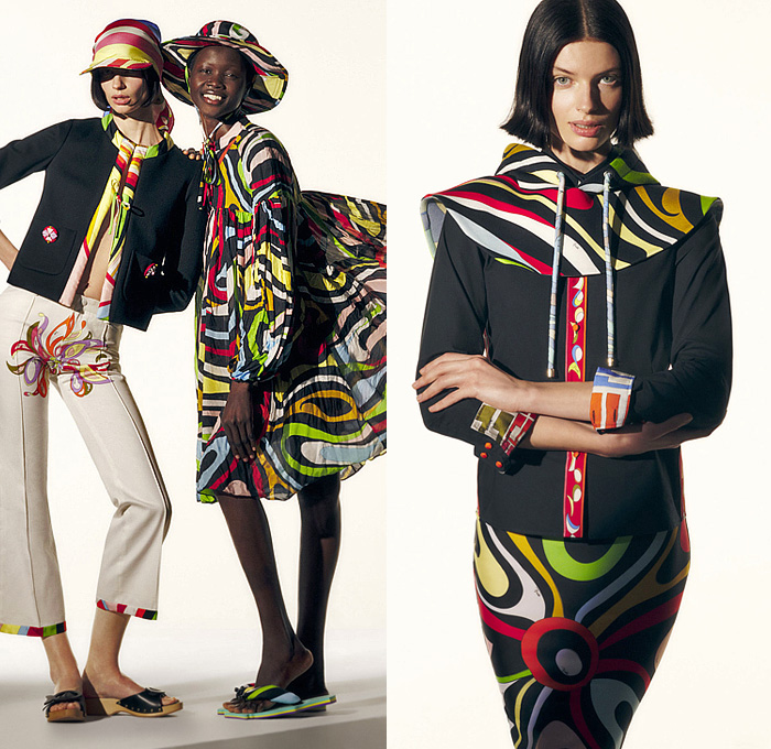 Emilio Pucci 2022-2023 Fall Autumn Winter Womens Lookbook Presentation - La Grotta Azzurra Collection - Fringes Strapless Open Shoulders Stripes Swirls Crop Top Midriff Bralette Tiered Flowers Floral Petals 1960s Sixties Mod Maxi Mini Shift Dress Caftan Kaftan Oversleeve Hoodie Geometric Piano Keys Fish Laces Silk Satin Bandanna Handkerchief Hem Blouse Ruffles Frills Bicycle Shorts Tights Leggings Halterneck Tied Knot Capri Miniskirt Wedge Sandals Scarf Hat Visor Basket Handbag