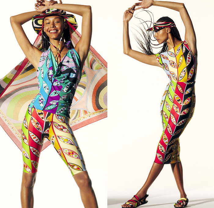 Emilio Pucci 2022-2023 Fall Autumn Winter Womens Lookbook Presentation - La Grotta Azzurra Collection - Fringes Strapless Open Shoulders Stripes Swirls Crop Top Midriff Bralette Tiered Flowers Floral Petals 1960s Sixties Mod Maxi Mini Shift Dress Caftan Kaftan Oversleeve Hoodie Geometric Piano Keys Fish Laces Silk Satin Bandanna Handkerchief Hem Blouse Ruffles Frills Bicycle Shorts Tights Leggings Halterneck Tied Knot Capri Miniskirt Wedge Sandals Scarf Hat Visor Basket Handbag