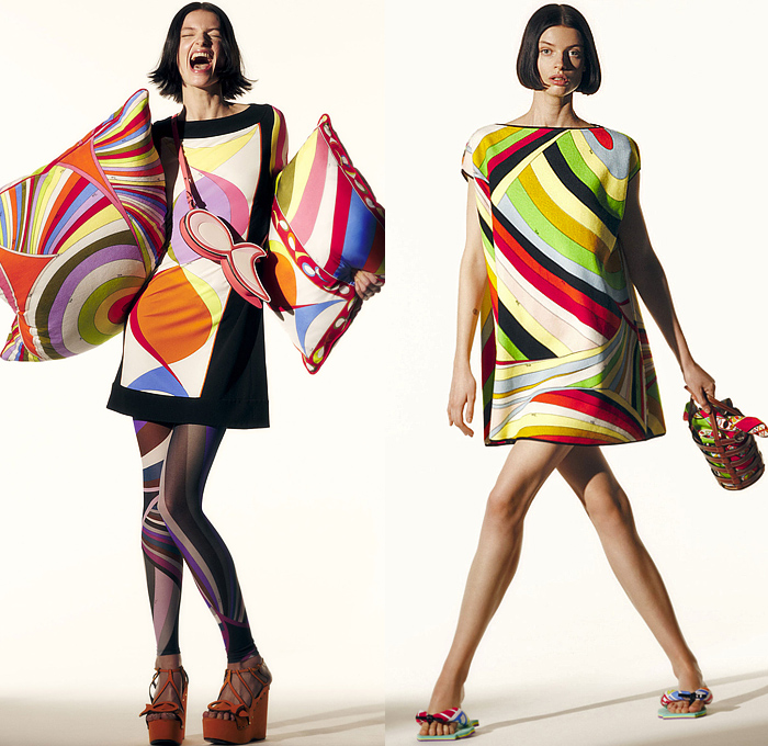 Emilio Pucci 2022-2023 Fall Autumn Winter Womens Lookbook Presentation - La Grotta Azzurra Collection - Fringes Strapless Open Shoulders Stripes Swirls Crop Top Midriff Bralette Tiered Flowers Floral Petals 1960s Sixties Mod Maxi Mini Shift Dress Caftan Kaftan Oversleeve Hoodie Geometric Piano Keys Fish Laces Silk Satin Bandanna Handkerchief Hem Blouse Ruffles Frills Bicycle Shorts Tights Leggings Halterneck Tied Knot Capri Miniskirt Wedge Sandals Scarf Hat Visor Basket Handbag