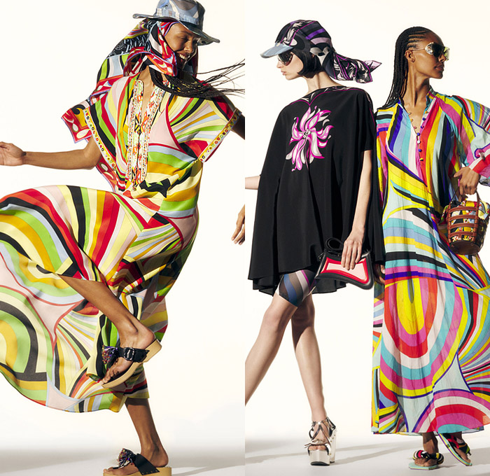 Emilio Pucci 2022-2023 Fall Autumn Winter Womens Lookbook Presentation - La Grotta Azzurra Collection - Fringes Strapless Open Shoulders Stripes Swirls Crop Top Midriff Bralette Tiered Flowers Floral Petals 1960s Sixties Mod Maxi Mini Shift Dress Caftan Kaftan Oversleeve Hoodie Geometric Piano Keys Fish Laces Silk Satin Bandanna Handkerchief Hem Blouse Ruffles Frills Bicycle Shorts Tights Leggings Halterneck Tied Knot Capri Miniskirt Wedge Sandals Scarf Hat Visor Basket Handbag