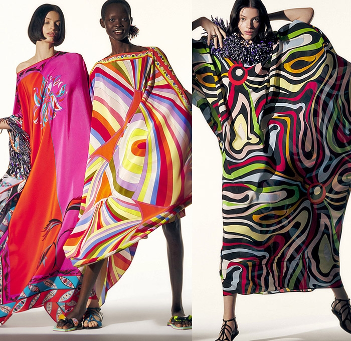 Emilio Pucci 2022-2023 Fall Autumn Winter Womens Lookbook Presentation - La Grotta Azzurra Collection - Fringes Strapless Open Shoulders Stripes Swirls Crop Top Midriff Bralette Tiered Flowers Floral Petals 1960s Sixties Mod Maxi Mini Shift Dress Caftan Kaftan Oversleeve Hoodie Geometric Piano Keys Fish Laces Silk Satin Bandanna Handkerchief Hem Blouse Ruffles Frills Bicycle Shorts Tights Leggings Halterneck Tied Knot Capri Miniskirt Wedge Sandals Scarf Hat Visor Basket Handbag