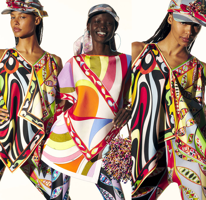 Emilio Pucci 2022-2023 Fall Autumn Winter Womens Lookbook Presentation - La Grotta Azzurra Collection - Fringes Strapless Open Shoulders Stripes Swirls Crop Top Midriff Bralette Tiered Flowers Floral Petals 1960s Sixties Mod Maxi Mini Shift Dress Caftan Kaftan Oversleeve Hoodie Geometric Piano Keys Fish Laces Silk Satin Bandanna Handkerchief Hem Blouse Ruffles Frills Bicycle Shorts Tights Leggings Halterneck Tied Knot Capri Miniskirt Wedge Sandals Scarf Hat Visor Basket Handbag