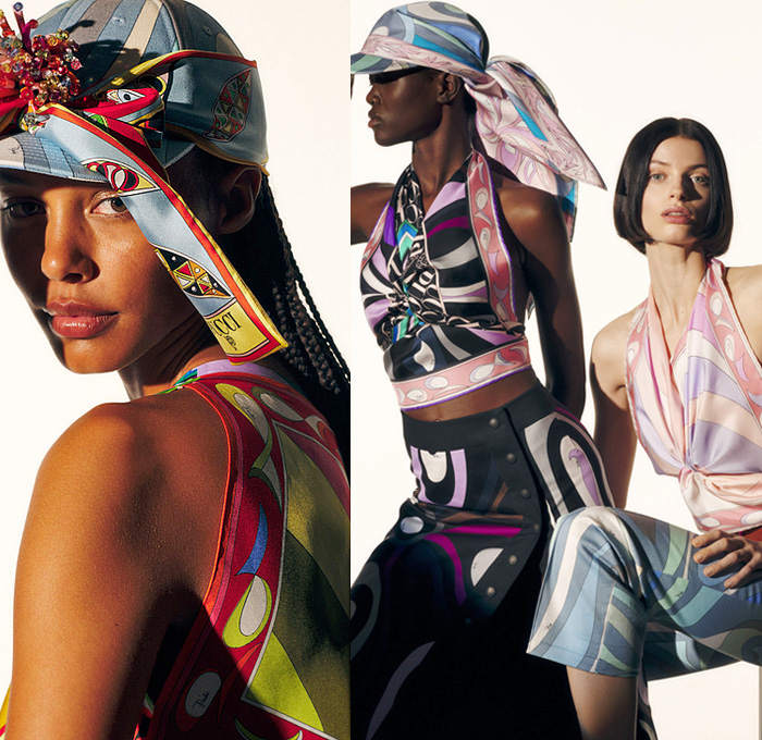 Emilio Pucci 2022-2023 Fall Autumn Winter Womens Lookbook Presentation - La Grotta Azzurra Collection - Fringes Strapless Open Shoulders Stripes Swirls Crop Top Midriff Bralette Tiered Flowers Floral Petals 1960s Sixties Mod Maxi Mini Shift Dress Caftan Kaftan Oversleeve Hoodie Geometric Piano Keys Fish Laces Silk Satin Bandanna Handkerchief Hem Blouse Ruffles Frills Bicycle Shorts Tights Leggings Halterneck Tied Knot Capri Miniskirt Wedge Sandals Scarf Hat Visor Basket Handbag