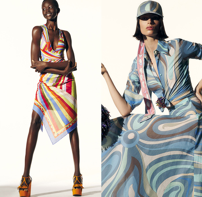 Emilio Pucci 2022-2023 Fall Autumn Winter Womens Lookbook Presentation - La Grotta Azzurra Collection - Fringes Strapless Open Shoulders Stripes Swirls Crop Top Midriff Bralette Tiered Flowers Floral Petals 1960s Sixties Mod Maxi Mini Shift Dress Caftan Kaftan Oversleeve Hoodie Geometric Piano Keys Fish Laces Silk Satin Bandanna Handkerchief Hem Blouse Ruffles Frills Bicycle Shorts Tights Leggings Halterneck Tied Knot Capri Miniskirt Wedge Sandals Scarf Hat Visor Basket Handbag