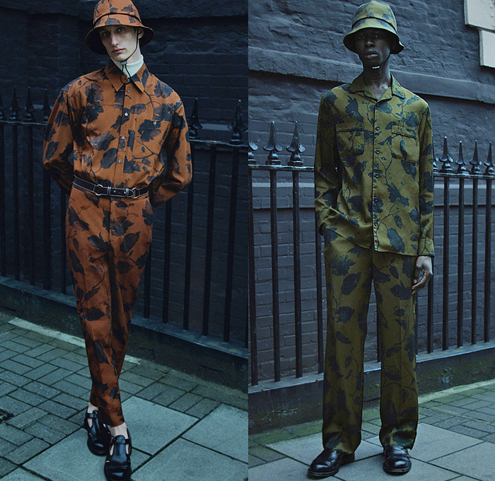 Erdem 2022-2023 Fall Autumn Winter Mens Lookbook Presentation - Utilitarian Romanticism Corduroy Bucket Hat Cap Knit Weave Turtleneck Sweater Cardigan Wide Band Wool Fleece Outerwear Coat Overcoat Long Sleeve Shirt Stripes Flowers Floral Leaves Foliage Fauna Loungewear Pajamas Sleepwear Bomber Jacket Hoodie Sweatshirt Closed Toe Sandals Tote Bag