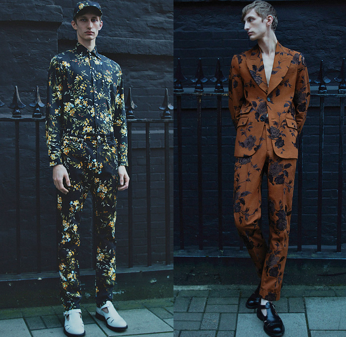 Erdem 2022-2023 Fall Autumn Winter Mens Lookbook Presentation - Utilitarian Romanticism Corduroy Bucket Hat Cap Knit Weave Turtleneck Sweater Cardigan Wide Band Wool Fleece Outerwear Coat Overcoat Long Sleeve Shirt Stripes Flowers Floral Leaves Foliage Fauna Loungewear Pajamas Sleepwear Bomber Jacket Hoodie Sweatshirt Closed Toe Sandals Tote Bag