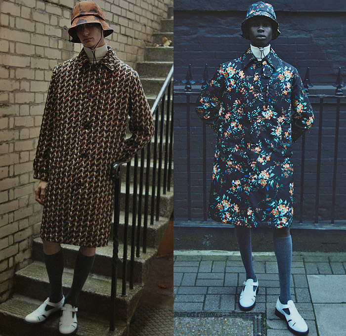 Erdem 2022-2023 Fall Autumn Winter Mens Lookbook Presentation - Utilitarian Romanticism Corduroy Bucket Hat Cap Knit Weave Turtleneck Sweater Cardigan Wide Band Wool Fleece Outerwear Coat Overcoat Long Sleeve Shirt Stripes Flowers Floral Leaves Foliage Fauna Loungewear Pajamas Sleepwear Bomber Jacket Hoodie Sweatshirt Closed Toe Sandals Tote Bag