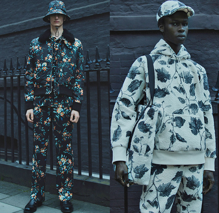 Erdem 2022-2023 Fall Autumn Winter Mens Lookbook Presentation - Utilitarian Romanticism Corduroy Bucket Hat Cap Knit Weave Turtleneck Sweater Cardigan Wide Band Wool Fleece Outerwear Coat Overcoat Long Sleeve Shirt Stripes Flowers Floral Leaves Foliage Fauna Loungewear Pajamas Sleepwear Bomber Jacket Hoodie Sweatshirt Closed Toe Sandals Tote Bag