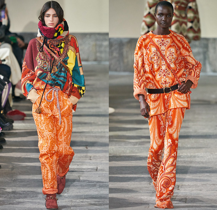 Etro 2022-2023 Fall Autumn Winter Womens Runway Looks - Milano Moda Donna Milan Fashion Week Italy - Pegasus 1960s Sixties 1970s Seventies Bohemian Boho Chic Patchwork Knit Crochet Mesh Fishnet Sweater Tribal Paisley Fringes Scarf Leopard Flare Trench Coat Robe Poncho Quilted Puffer Pantsuit Blazer Velvet Sequins Plants Leaves Hotpants Bomber Jacket Crop Top Midriff Shearling Leather One Shoulder Dress Gown Miniskirt Vest Halterneck Bikini Metal Cutout Waist Noodle Strap Handbag Boots