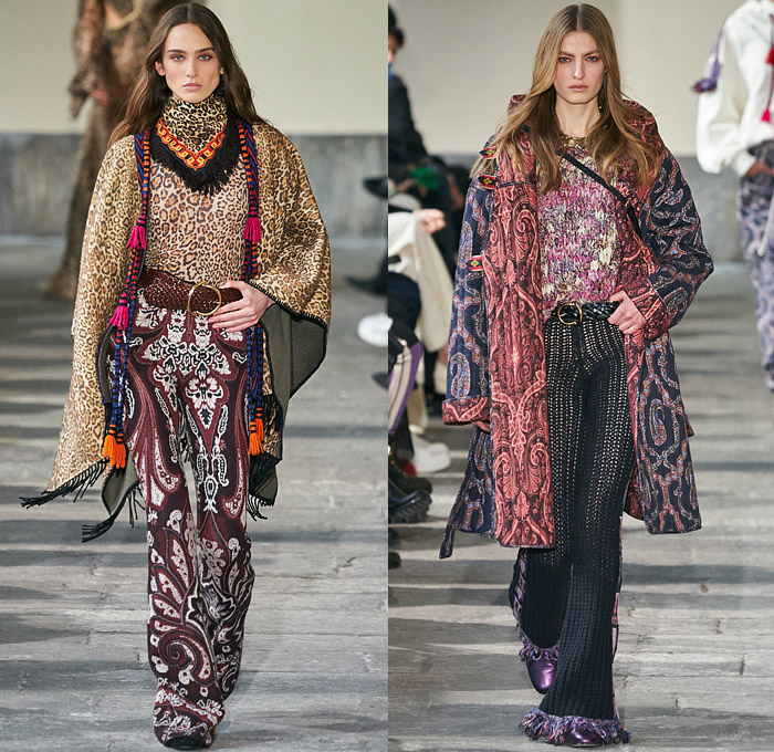 Etro 2022-2023 Fall Autumn Winter Womens Runway Looks - Milano Moda Donna Milan Fashion Week Italy - Pegasus 1960s Sixties 1970s Seventies Bohemian Boho Chic Patchwork Knit Crochet Mesh Fishnet Sweater Tribal Paisley Fringes Scarf Leopard Flare Trench Coat Robe Poncho Quilted Puffer Pantsuit Blazer Velvet Sequins Plants Leaves Hotpants Bomber Jacket Crop Top Midriff Shearling Leather One Shoulder Dress Gown Miniskirt Vest Halterneck Bikini Metal Cutout Waist Noodle Strap Handbag Boots