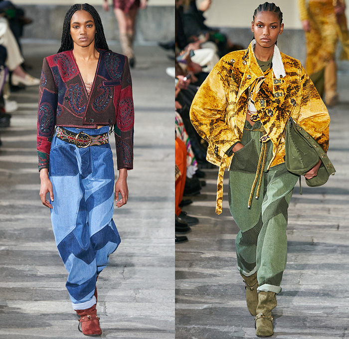 Etro 2022-2023 Fall Autumn Winter Womens Runway Looks - Milano Moda Donna Milan Fashion Week Italy - Pegasus 1960s Sixties 1970s Seventies Bohemian Boho Chic Patchwork Knit Crochet Mesh Fishnet Sweater Tribal Paisley Fringes Scarf Leopard Flare Trench Coat Robe Poncho Quilted Puffer Pantsuit Blazer Velvet Sequins Plants Leaves Hotpants Bomber Jacket Crop Top Midriff Shearling Leather One Shoulder Dress Gown Miniskirt Vest Halterneck Bikini Metal Cutout Waist Noodle Strap Handbag Boots