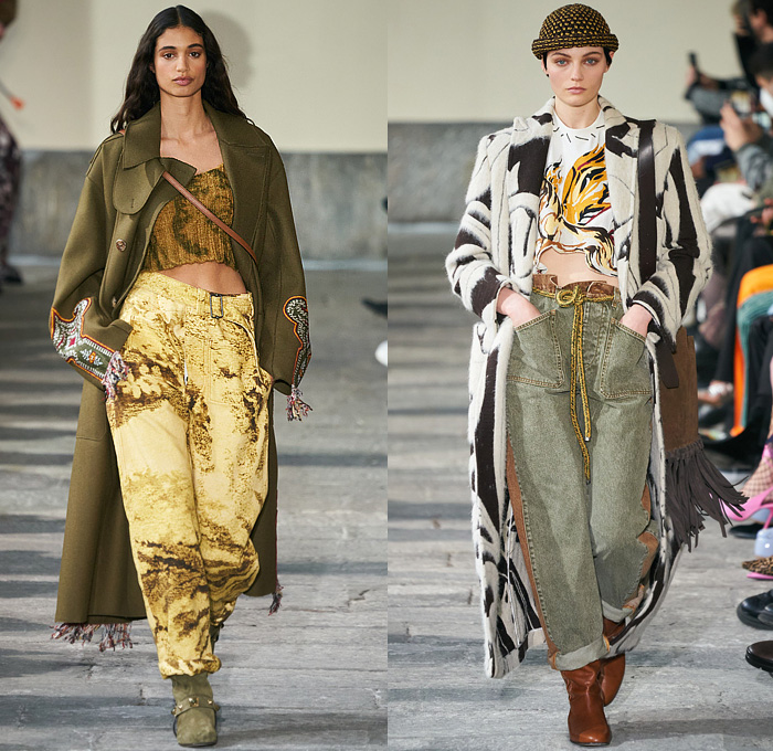 Etro 2022-2023 Fall Autumn Winter Womens Runway Looks - Milano Moda Donna Milan Fashion Week Italy - Pegasus 1960s Sixties 1970s Seventies Bohemian Boho Chic Patchwork Knit Crochet Mesh Fishnet Sweater Tribal Paisley Fringes Scarf Leopard Flare Trench Coat Robe Poncho Quilted Puffer Pantsuit Blazer Velvet Sequins Plants Leaves Hotpants Bomber Jacket Crop Top Midriff Shearling Leather One Shoulder Dress Gown Miniskirt Vest Halterneck Bikini Metal Cutout Waist Noodle Strap Handbag Boots