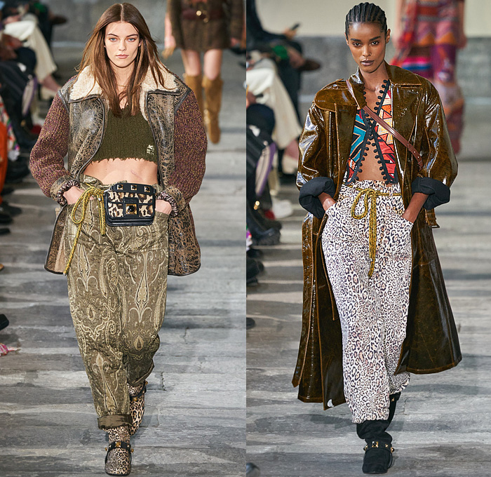 Etro 2022-2023 Fall Autumn Winter Womens Runway Looks - Milano Moda Donna Milan Fashion Week Italy - Pegasus 1960s Sixties 1970s Seventies Bohemian Boho Chic Patchwork Knit Crochet Mesh Fishnet Sweater Tribal Paisley Fringes Scarf Leopard Flare Trench Coat Robe Poncho Quilted Puffer Pantsuit Blazer Velvet Sequins Plants Leaves Hotpants Bomber Jacket Crop Top Midriff Shearling Leather One Shoulder Dress Gown Miniskirt Vest Halterneck Bikini Metal Cutout Waist Noodle Strap Handbag Boots