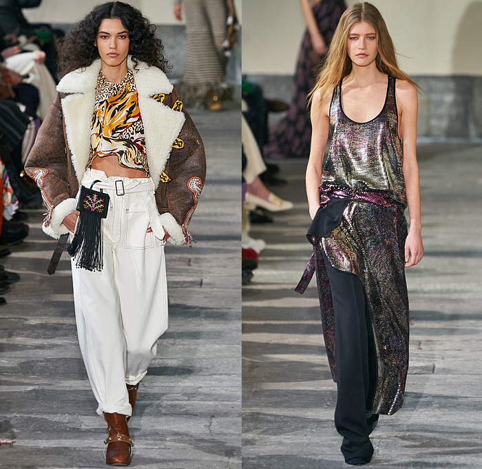 Etro 2022-2023 Fall Autumn Winter Womens Runway Looks - Milano Moda Donna Milan Fashion Week Italy - Pegasus 1960s Sixties 1970s Seventies Bohemian Boho Chic Patchwork Knit Crochet Mesh Fishnet Sweater Tribal Paisley Fringes Scarf Leopard Flare Trench Coat Robe Poncho Quilted Puffer Pantsuit Blazer Velvet Sequins Plants Leaves Hotpants Bomber Jacket Crop Top Midriff Shearling Leather One Shoulder Dress Gown Miniskirt Vest Halterneck Bikini Metal Cutout Waist Noodle Strap Handbag Boots