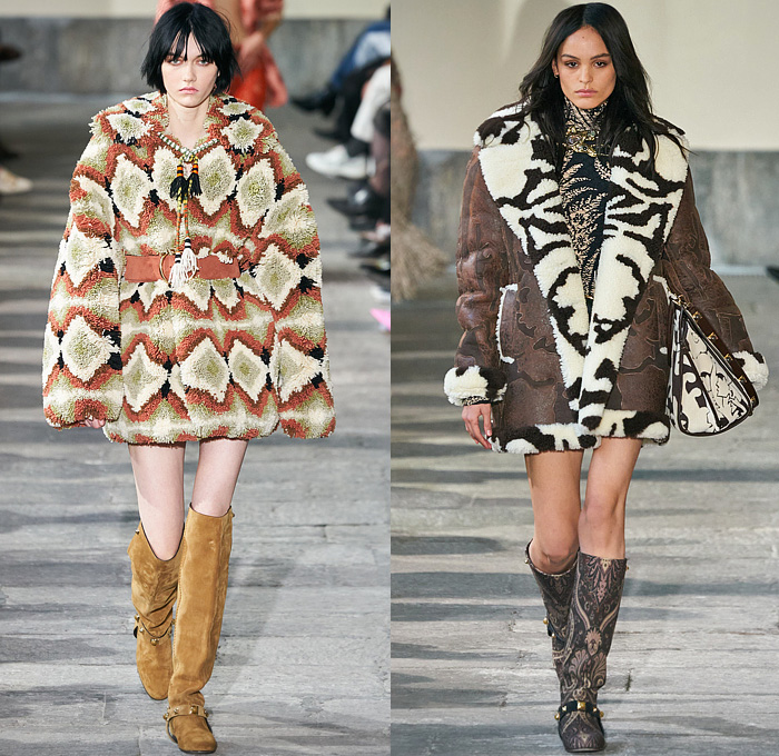 Etro 2022-2023 Fall Autumn Winter Womens Runway Looks - Milano Moda Donna Milan Fashion Week Italy - Pegasus 1960s Sixties 1970s Seventies Bohemian Boho Chic Patchwork Knit Crochet Mesh Fishnet Sweater Tribal Paisley Fringes Scarf Leopard Flare Trench Coat Robe Poncho Quilted Puffer Pantsuit Blazer Velvet Sequins Plants Leaves Hotpants Bomber Jacket Crop Top Midriff Shearling Leather One Shoulder Dress Gown Miniskirt Vest Halterneck Bikini Metal Cutout Waist Noodle Strap Handbag Boots