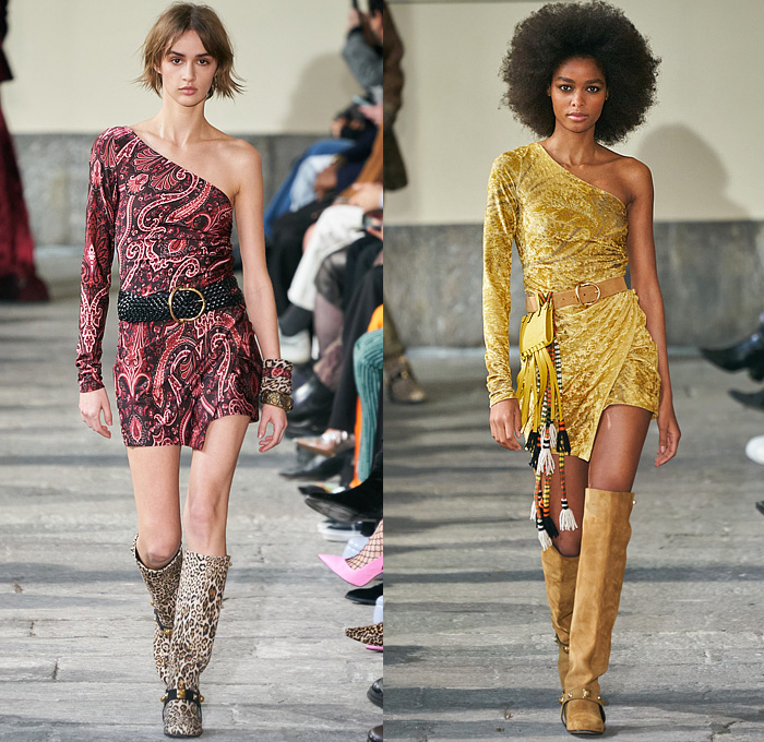 Etro 2022-2023 Fall Autumn Winter Womens Runway Looks - Milano Moda Donna Milan Fashion Week Italy - Pegasus 1960s Sixties 1970s Seventies Bohemian Boho Chic Patchwork Knit Crochet Mesh Fishnet Sweater Tribal Paisley Fringes Scarf Leopard Flare Trench Coat Robe Poncho Quilted Puffer Pantsuit Blazer Velvet Sequins Plants Leaves Hotpants Bomber Jacket Crop Top Midriff Shearling Leather One Shoulder Dress Gown Miniskirt Vest Halterneck Bikini Metal Cutout Waist Noodle Strap Handbag Boots