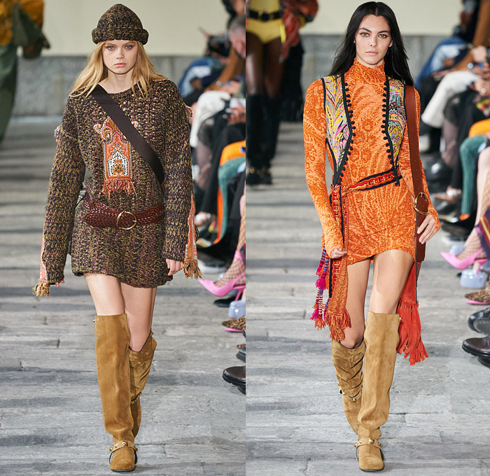 Etro 2022-2023 Fall Autumn Winter Womens Runway Looks - Milano Moda Donna Milan Fashion Week Italy - Pegasus 1960s Sixties 1970s Seventies Bohemian Boho Chic Patchwork Knit Crochet Mesh Fishnet Sweater Tribal Paisley Fringes Scarf Leopard Flare Trench Coat Robe Poncho Quilted Puffer Pantsuit Blazer Velvet Sequins Plants Leaves Hotpants Bomber Jacket Crop Top Midriff Shearling Leather One Shoulder Dress Gown Miniskirt Vest Halterneck Bikini Metal Cutout Waist Noodle Strap Handbag Boots