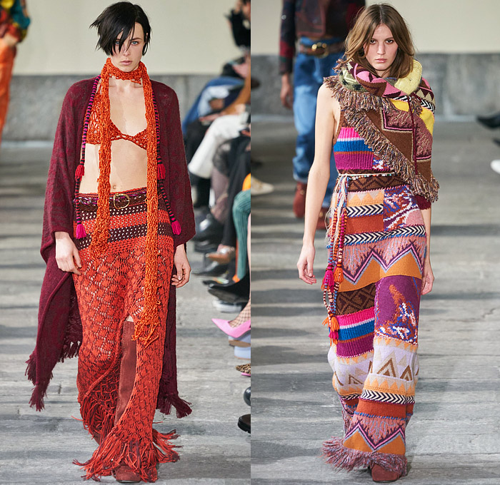 Etro 2022-2023 Fall Autumn Winter Womens Runway Looks - Milano Moda Donna Milan Fashion Week Italy - Pegasus 1960s Sixties 1970s Seventies Bohemian Boho Chic Patchwork Knit Crochet Mesh Fishnet Sweater Tribal Paisley Fringes Scarf Leopard Flare Trench Coat Robe Poncho Quilted Puffer Pantsuit Blazer Velvet Sequins Plants Leaves Hotpants Bomber Jacket Crop Top Midriff Shearling Leather One Shoulder Dress Gown Miniskirt Vest Halterneck Bikini Metal Cutout Waist Noodle Strap Handbag Boots