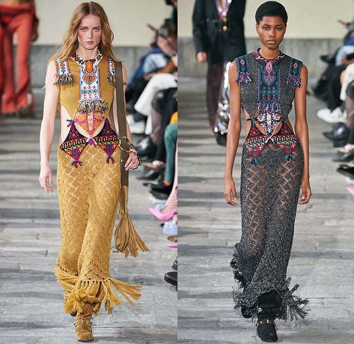 Etro 2022-2023 Fall Autumn Winter Womens Runway Looks - Milano Moda Donna Milan Fashion Week Italy - Pegasus 1960s Sixties 1970s Seventies Bohemian Boho Chic Patchwork Knit Crochet Mesh Fishnet Sweater Tribal Paisley Fringes Scarf Leopard Flare Trench Coat Robe Poncho Quilted Puffer Pantsuit Blazer Velvet Sequins Plants Leaves Hotpants Bomber Jacket Crop Top Midriff Shearling Leather One Shoulder Dress Gown Miniskirt Vest Halterneck Bikini Metal Cutout Waist Noodle Strap Handbag Boots