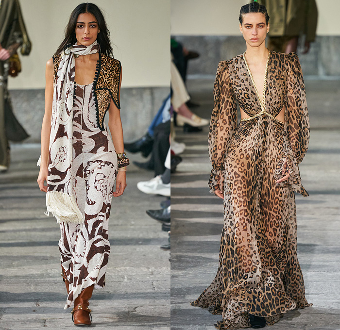 Etro 2022-2023 Fall Autumn Winter Womens Runway Looks - Milano Moda Donna Milan Fashion Week Italy - Pegasus 1960s Sixties 1970s Seventies Bohemian Boho Chic Patchwork Knit Crochet Mesh Fishnet Sweater Tribal Paisley Fringes Scarf Leopard Flare Trench Coat Robe Poncho Quilted Puffer Pantsuit Blazer Velvet Sequins Plants Leaves Hotpants Bomber Jacket Crop Top Midriff Shearling Leather One Shoulder Dress Gown Miniskirt Vest Halterneck Bikini Metal Cutout Waist Noodle Strap Handbag Boots