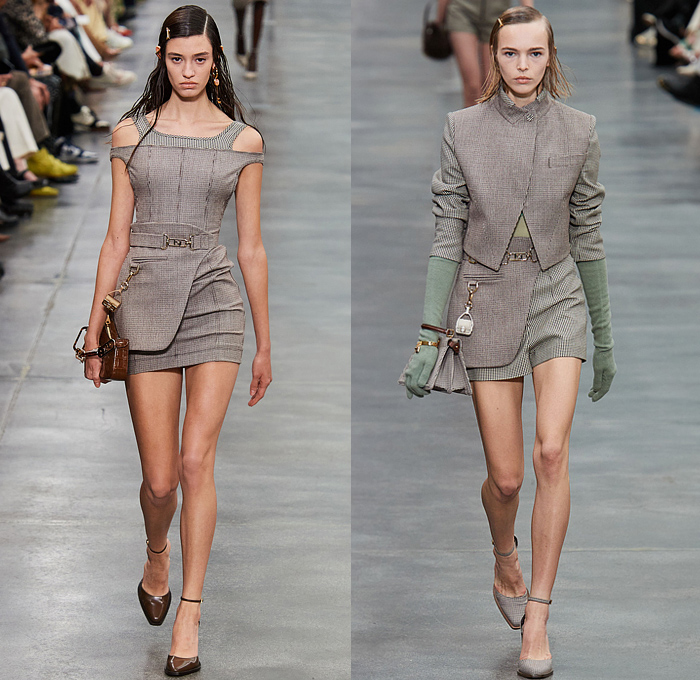 Fendi 2022-2023 Fall Autumn Winter Womens Runway Looks - Milano Moda Donna Collezione Milan Fashion Week Italy - Fluid Sheer Chiffon Ruffles Frills Long Sleeve Blouse Check Stripes Fur Outerwear Trench Coat Shirtdress Bustier Shapewear Corset Onesie Romper Playsuit Combishorts Denim Jeans Dress Loungewear Shorts Pencil Skirt Miniskirt Wide Leg Slouchy Pants Fanny Pack Waist Pouch Belt Bag Handbag Tote Arm Warmers Knit Opera Gloves Boots